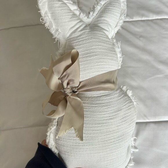 Large White Rabbit Bunny Pillow Rustic Cottagecore Fluffy Tail Tan Bow Y2K - Picture 2 of 5